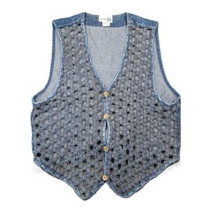 Vtg 90s Denim Lattice Vest L Blue Basket Weave Boho Western Indie 80s Cowgirl